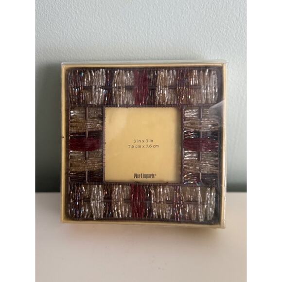 Pier 1 Imports Vtg Gold Silver Red 3x3" Beaded Tabletop Desk Picture Frame- New - Picture 3 of 4